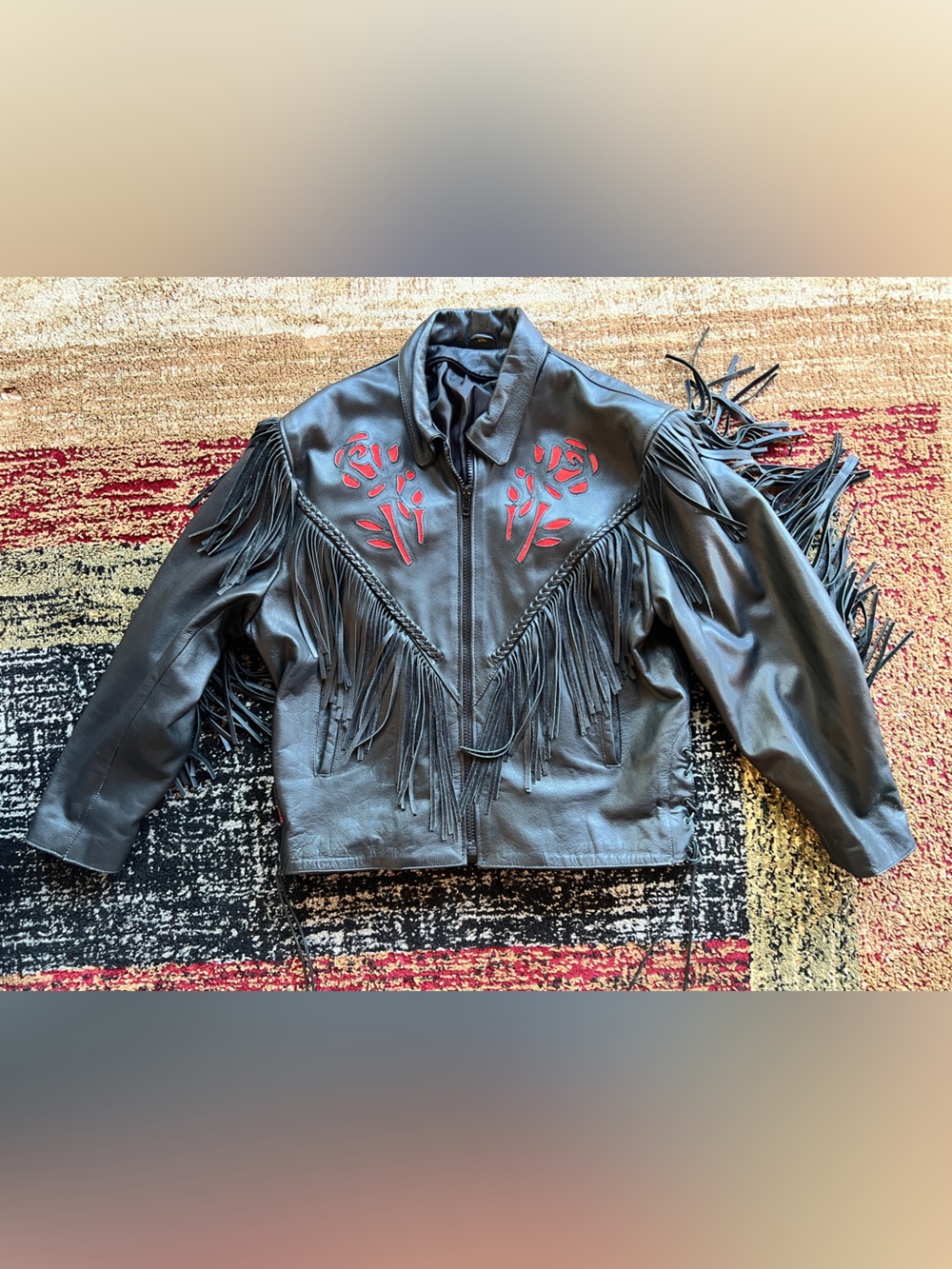 Hot Leathers XXL 2XL biker Fringed Black Leather Jacket with Red rose womens